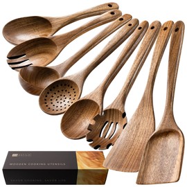 Hefild Wooden Spoons for Cooking, Nonstick Cooking Utensil Set with 8 Piece Acacia Wooden Spatulas and Spoons for Cooking, Terrific for Everyday Kitchen Tasks