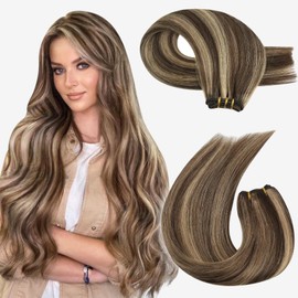 Moresoo Highlight Hair Extensions Human Hair Weft Extensions Brown Highlighted with Caramel Blonde Hair Wefts Human Hair Sew in Human Hair Weft Hair Extensions Straight 16 Inch 100G #P4/27