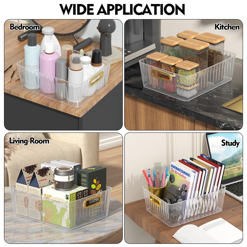 Wakikini Plastic Clear Pantry Storage Basket, Fridge Organizer Bins, 4-Pack