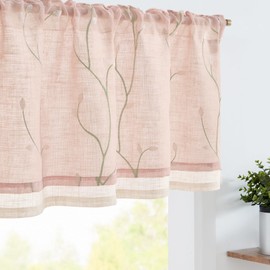 jinchan Linen Valance Sheer Double Layer Kitchen Window Curtain Leaf Embroidered Valance for Living Room Farmhouse Light Filtering Rustic Country Curtain 18 Inch Rod Pocket 1 Panel Pink