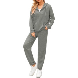AUXDIO Womens Suits 2 Piece Set Tracksuit Winter Zipper Hooded Sweatsuit Joggers Pants with Pockets Outfits Gray 2XL