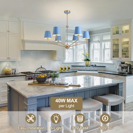 ZXFGNF 33" Modern Brushed Gold Chandelier, 6-Lights Dining Room Light Fixture with Blue Metal Shade, Farmhouse Brass Pendant Light Hanging Lamp for Kitchen Living Room Bedroom Entryway Foye