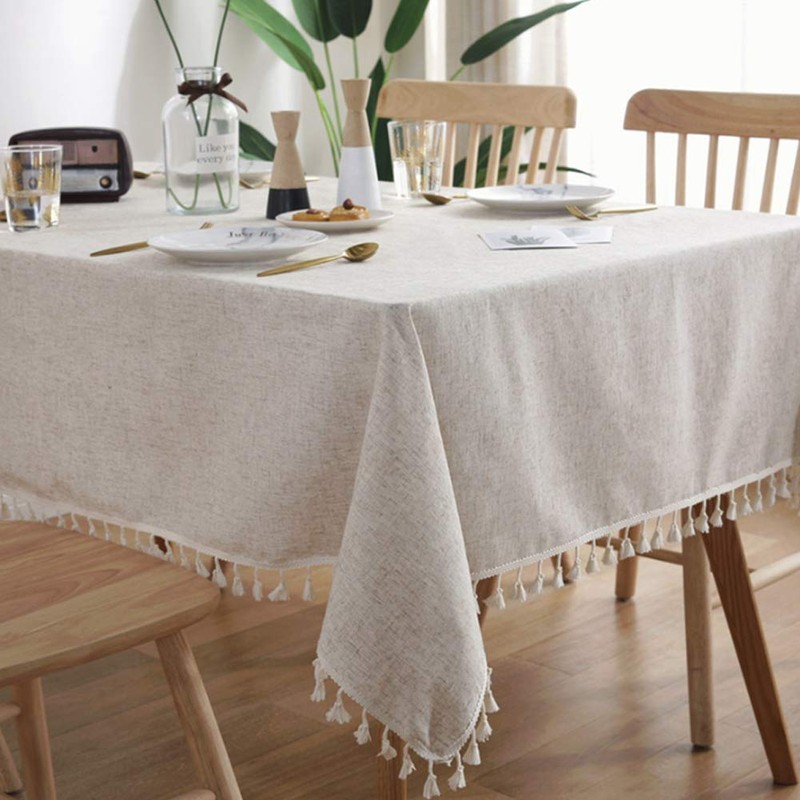 meioro Solid Colour Tassel Tablecloth, Rectangular, Cotton Linen Tablecloth, Suitable