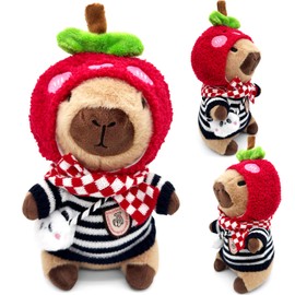 11Pcs Capybara Plush Toy, Capybara Stuffed Animal with 10 Clothes and Accessories, 10 inch Super Soft Capybara Toys for Kids Girls Boys, Role Play Dress Up Gifts (12 PCS Red and Black)
