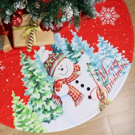 48 inches Red Christmas Tree Skirt Snowman Xmas Tree Skirt with Snowflake for Christmas Decorations