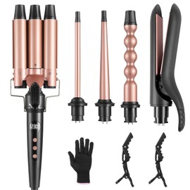 5 in 1 Hair Curling Iron Wand Set PTC Fast Heating Hair Crimper Professional Hair Styling Tools LCD Temp Control with Hair Straightener, Ceramic 3 Barrel Hair Waver Surprise Gift for Women Girl