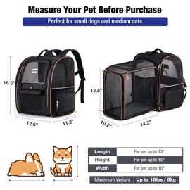 Lekebobor Large Cat Backpack Carrier Expandable Pet Carrier Backpack for Small Dogs Medium Cats Fit Up to 18 Lbs, Dog Backpack Carrier, Foldable Puppy Backpack Carrier for Travel,Quilted Black