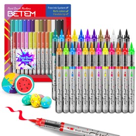 Betem Paint Markers Acrylic Paint Pens, 24 Colors Brush Tip Water Based Markers with Direct Ink System, Permanent Marker Colored Pens, Art Supplies for Rock Painting, Wood, Fabric, DIY Crafts Gift