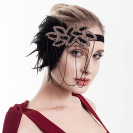 Anglacesmade 1920s Flapper Feather Headband Black Feather Roaring 20s Headpiece Prom Party Festival Gatsby Hair Jewelry for Women and Girls (Black B)