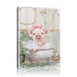 Pink Pig Bathroom Wall Art:Cute Animal Framed for Bedroom,Living room,Kitchen and Bathroom(12"x16"x1 Panel)