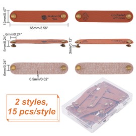 FINGERINSPIRE Pack of 30 Handmade Label Leather 2 Styles Sewing Leather Labels with Pattern and 2 Rivets, Brown PU Leather Pendant Button Handmade Label for Jeans Bag Shoes Hat 12 x 65 mm