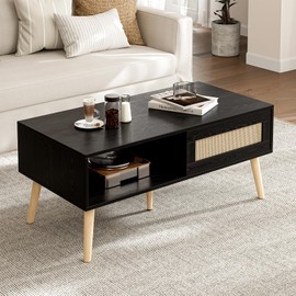 ZttRiee Coffee Table with Storage, Boho Dining Table with Sliding Rattan Door Panel and Solid Wood Legs, Small Coffee Tables for Living Room, Black