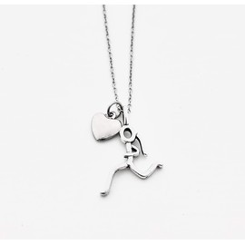 Heart of a Runner Girl Necklace - Pewter Puffed Heart and Pewter Stick Figure Runner Girl Charm on 18 inch Stainless Steel Cable Chain
