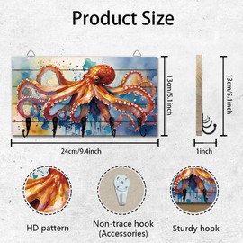 DELORIGIN Key Holder with Octopus Motif, Wall Mounting, Made of Wood, with 5 Metal Hooks, Key Storage Organiser for Wall Decoration, Door, Entrance, Kitchen, New Home, Gift