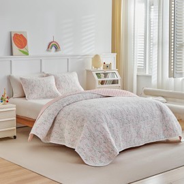 Joyreap Twin Size Floral Quilt Set for Girls, Pink Flowers Green Leaves Design, 3pcs Microfiber Lightweight Quilt Bedding Set, Bedspread Bed Cover for All Season- 68x88 inches