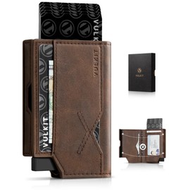 VULKIT 𝗩𝗨𝗟𝗞𝗜𝗧 Leather Minimalist Men's Wallet Pop Up Slim Front Pocket Credit Card Holder Wallet for Men Quick Card Access with ID Window, Brown