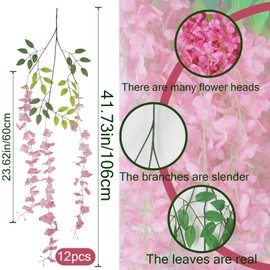 CISDUEO 12 Pack Wisteria Hanging Flowers 3.7 Feet Faux Flowers Hanging Pink Artificial Hanging Flowers Garland Silk Wisteria Vine for Wedding Arch Party Bedroom Backdrop Home Wall Decoration