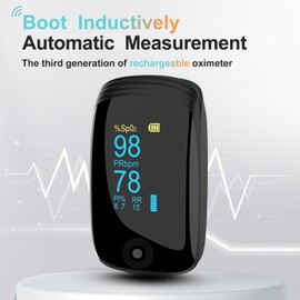 Fingertip Pulse Oximeter with Respiration Rate & Respiratory Monitoring SpO2, Heart Rate, PI & RR Measurements, Blood oximeter Rechargeable 6 Display Modes & 4-Way Rotatable Screen for Home & Sports Use（Black）