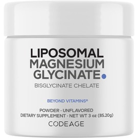 Codeage Suplemento de glicinato de magnesio en polvo, suministro para 2 meses, quelato de bisglicinato de magnesio, sin sabor, administración liposomal, polvo de magnesio quelado.