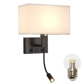 Moon rural Black Wall Sconces, Hardwired Wall Lamp with USB Port and Reading Lamp, Fabric Shade Bedside Wall Lights with Reading Lamp for Bedroom Living Room Hotels Corridors (Black)