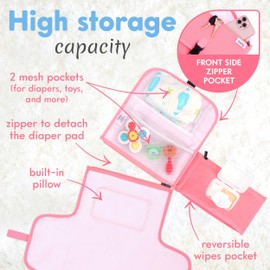 Kopi Baby Portable Diaper Changing Pad - Baby Diaper Changer Travel Bag with Wipes Pocket, Smart Design Portable Changing Mat, Infant Travel Station Kit, Gift for Newborn Girl & Boy - Pink, Classic