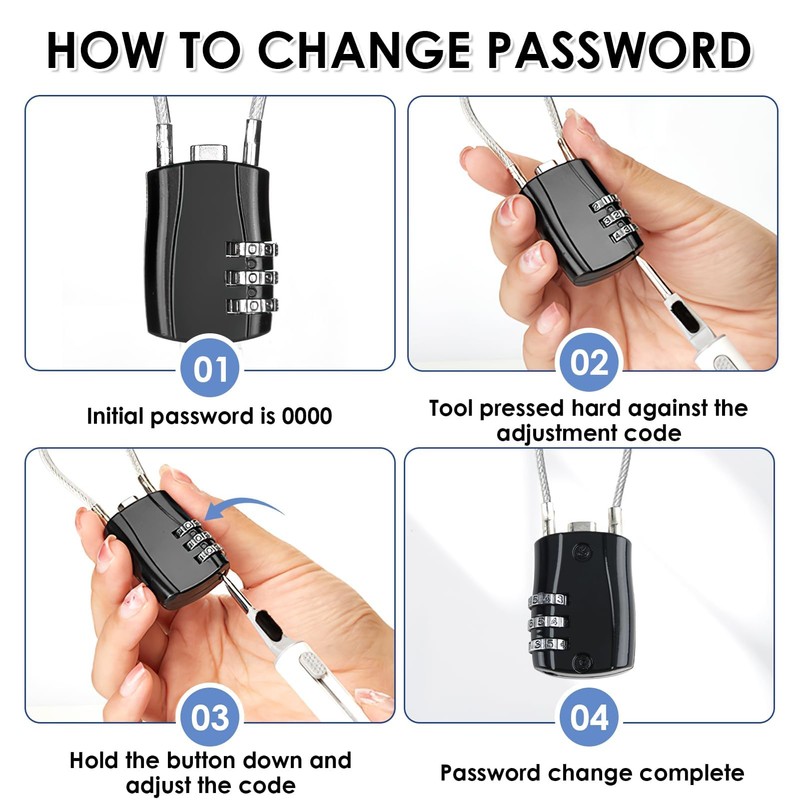 3 Digit Combination Padlock with 20inch (50cm) Steel Cable, Mini