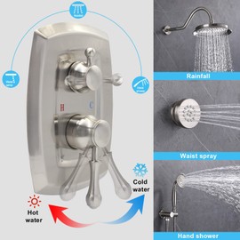 Brushed Nickel Shower Valve Trim Kit, Antique 3 Way Outlet Concealed Shower Mixer Diverter Valve Brass Rough-in Mixing Valve Replacement