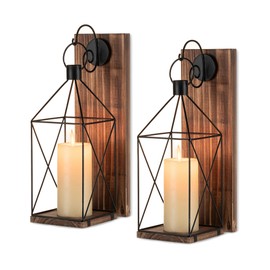 Staymoment Candle Sconces Wall Decor: Set of 2 Farmhouse Wood Candle Holder Indoor Black Metal Lantern Decorations for Living Room Front Porch Yard