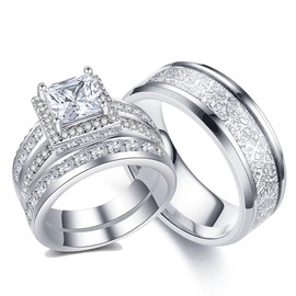 CEJUG Wedding Bands Sets for Him and Her Couples Women Matching Wedding Rings Engagement Ring Bridal Ring Men's CZ Carbide Titanium Band 9&9