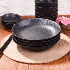 Ceramic Dinner Plates Pasta Plate Steak Plate 8 Inch Japanese Plate Set of 4 for Salads, Pasta, Cheese, Ham, Antipasti, Microwave and Dishwasher Safe,Black