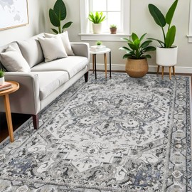 Washable Area Rug Vintage - Living Room Farmhouse Oriental Rug 6x9 Distressed Non-Slip Stain Resistant Carpet for Bedroom Dining Room Home Kitchen Office (6x9 Grey/Blue)