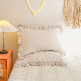 Herside Beige Pillow Shams 2 Pack Beige Grey Ruffle Pillowcases Shabby Chic Ruffle Lace Design Soft Microfiber Boho Pillow Cover Set of 2 (Beige,50x75 cm)