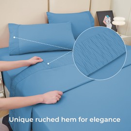 Bedmoon Twin Single Sheets, Soft Microfiber Cooling Sheets Drap Lit with Corner Straps, Denim Blue Deep Pocket Luxury Hotel Cozy Bedding Set