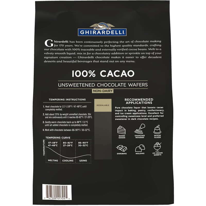 Ghirardelli 100% Unsweetened Wafers, 5lb bag with Ghirardelli Stamped Barista