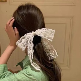 TUCEWP Lace Hair Bows for Women Girls White Ribbon Bow Scrunchies for Long Thick Curly Hair Ultra Soft Satin Scrunchy Hair Ties Cute Elastic Hair Bands Bowknot Ponytail Holders Cute Hair Accessories