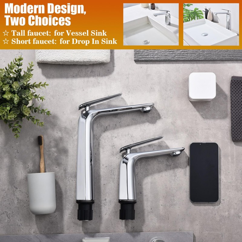 TOCALOCA Tall Vessel Bathroom Faucets Chrome Silver Basin Mixer Tap