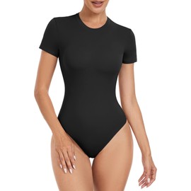 Yaavii Body Women's Short Sleeve Long Sleeve Shaping Bodysuit with Crew Neck for Women Shapewear Thong, #02 Black Short Sleeve