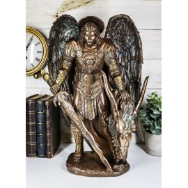 Large Archangel Saint Michael Holding Satan Dragon Lucifer Head Statue 15.5"H