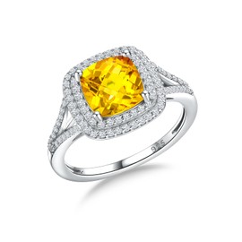 RANDES November Birthstone Ring 925 Sterling Silver Yellow Citrine Rings for Women Cushion Cut Gemstone Engagement Ring Size 9