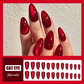 False Nails - 24PCS Short False Nails - Almond Red Cat Eye False Nails with Glue - Glossy Full Cover Long Lasting Stick on Nails - Removable DIY Nail Art Gifts for Women Girls
