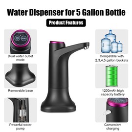Water Dispenser for 5 Gallon Bottle, Electric Water Pump Drinking Portable Water Bottle Pump with Mobile Base, USB Charging, 600ml Quantitative, Automatic Off Switch for Home, Camping, Travel
