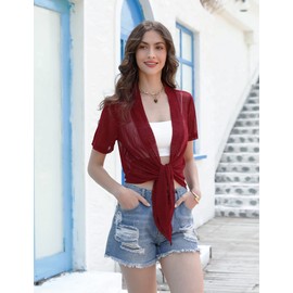 iClosam Women Sheer Shrug Tie Top Short Sleeve Summer Open Front Cardigans Plus Size Mesh Bolero Jacket Wine Red XXL