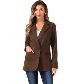 Allegra K Faux Suede Blazer for Women's Dressy Lapel Collar Double Breasted Suit Jacket Brown M