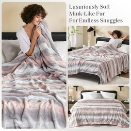 Madison Park Ultra-Soft Poly Fur Blanket - Reversible Plush, All Season & Lightweight King/Cal King Fuzzy Blanket for Bed, Couch & Sofa, Zuri, Blush/Grey