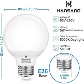Hansang G25 LED Globe Light Bulbs, 60W Equivalent, 5000K Daylight Bathroom Light Bulbs E26 Base, Eye-friendly Vanity Round Light Bulbs, Perfect For Vanity Makeup Mirror, 120V CRI85+ Non-Dimmable 4Pack