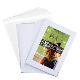 Acid Free 8x10 Pre-Cut Picture Mat Board Kit for 5x7 Photo, Includes 25 White Core Bevel Cut Mattes, 25 Backing Boards, 25 Crystal Clear Bags