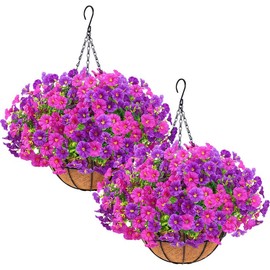 Artificial Hanging Flowers for Outdoors, UV Resistant Fake Flowers with Hanging Baskets, Artificial Flowers for Decoration Outdoors Garden, Spring Decor for Patio Porch (With Basket):_Purple+Purple Red(20pcs)