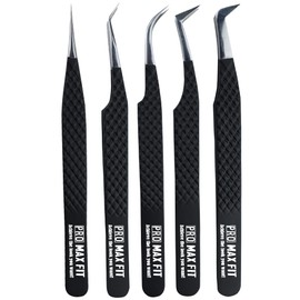 Eyelash Tweezers Professional 5 Pieces Lash Extension Tweezer, Stainless-Steel, Volume, L Shape, Curved, Straight, 90 Degree (Black)