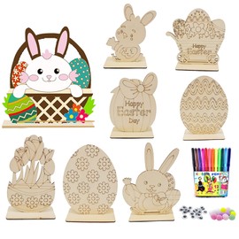 Easter Crafts Wood, 8 Pieces DIY Easter Bunny Decoration, Wooden Rabbits for Painting, Easter Crafts Children, Easter Eggs for Painting, Easter Bunny Wooden Chicken Wooden Eggs for Easter Gifts