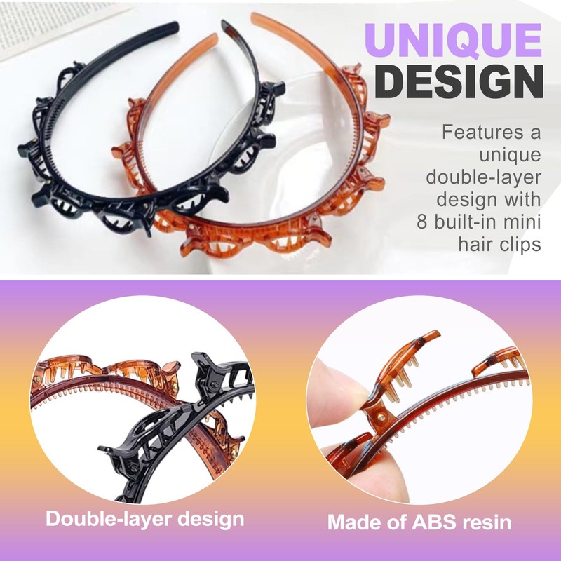 ZeriLion 2 Pack Double Layer Headband with Mini Clips Hair